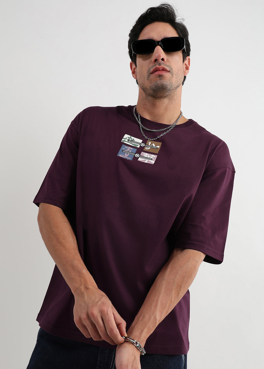 Cordovan Maroon Japanese Patchwork Oversized T-Shirt