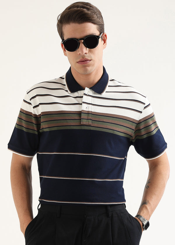 Olive Navy Heritage Striped Polo T-Shirt