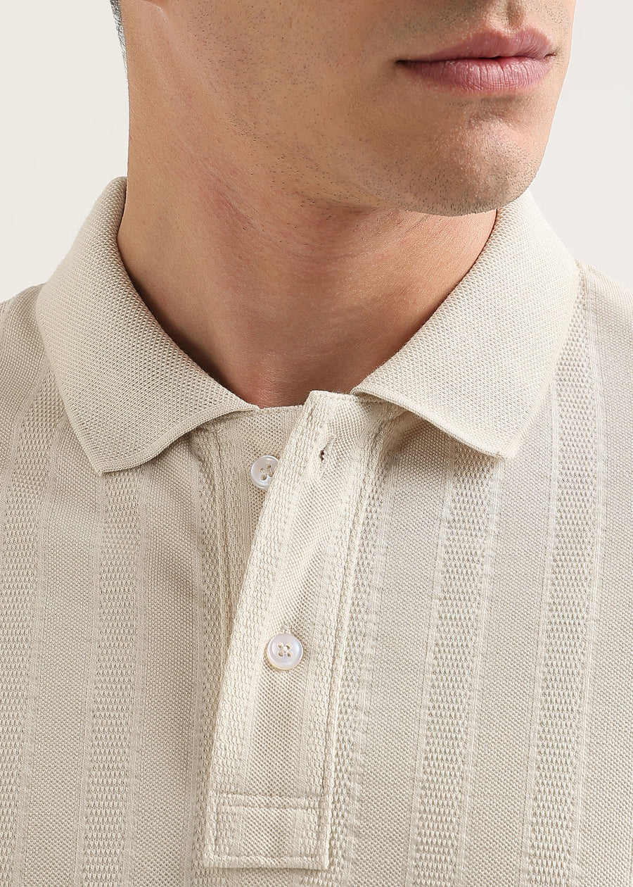 Vanilla Cream Self Structured Knit Polo T-Shirt