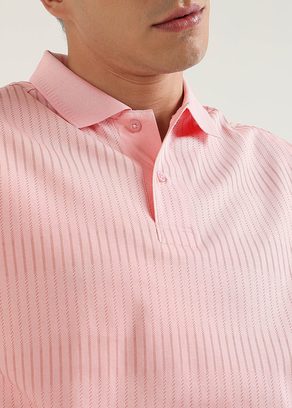Blush Pink Striata Mercerised Cotton Polo T-Shirt