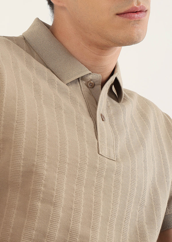 Fawn Brown Self Structured Knit Polo T-Shirt