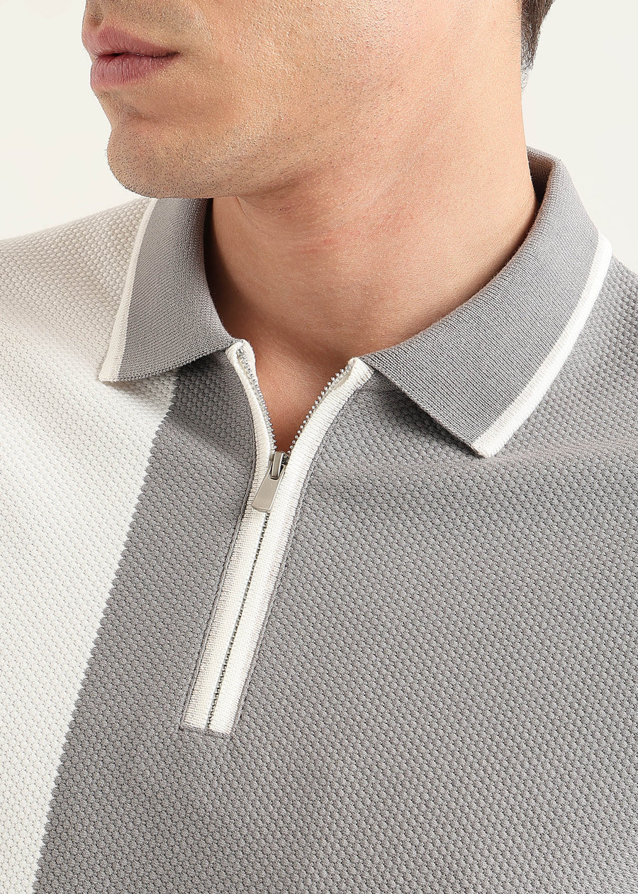 Ash Grey Half-Zip Structured Polo T-Shirt