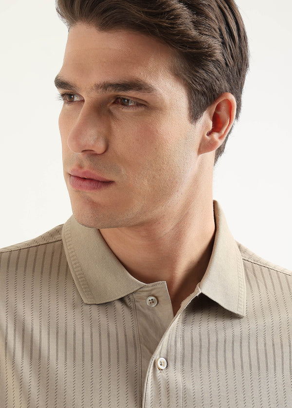 Sand Beige Striata Mercerised Cotton Polo T-Shirt
