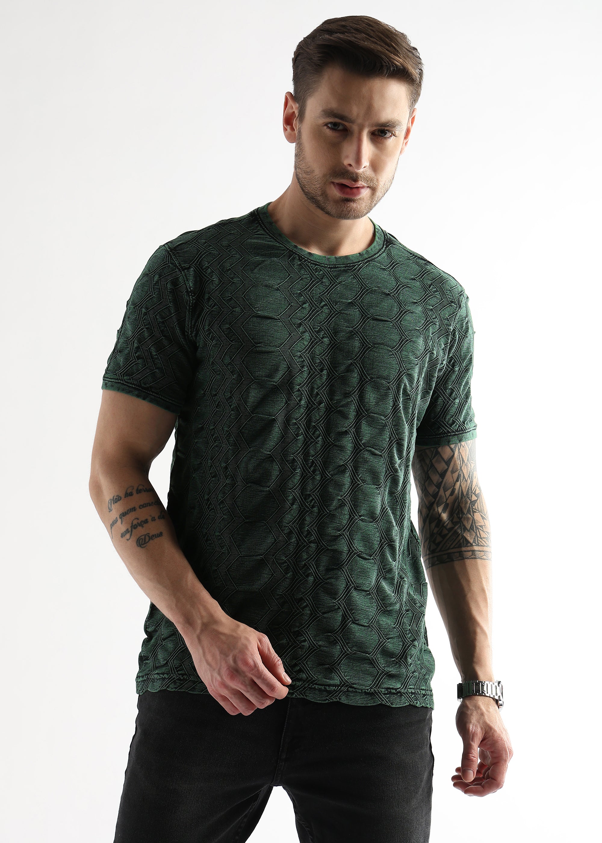 Rainforest Green Textured Hexa Crewneck