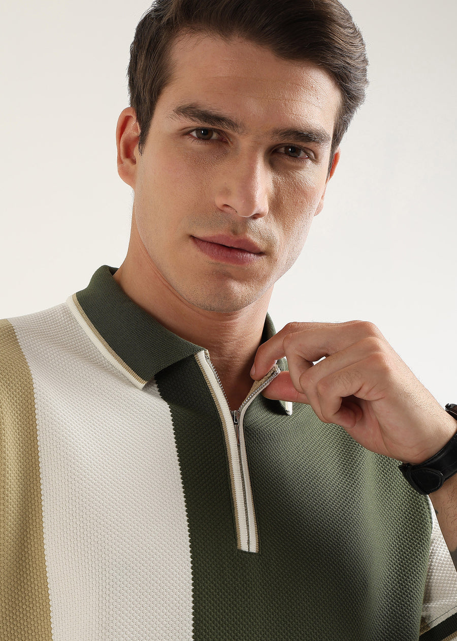 Olive Half-Zip Structured Polo T-Shirt