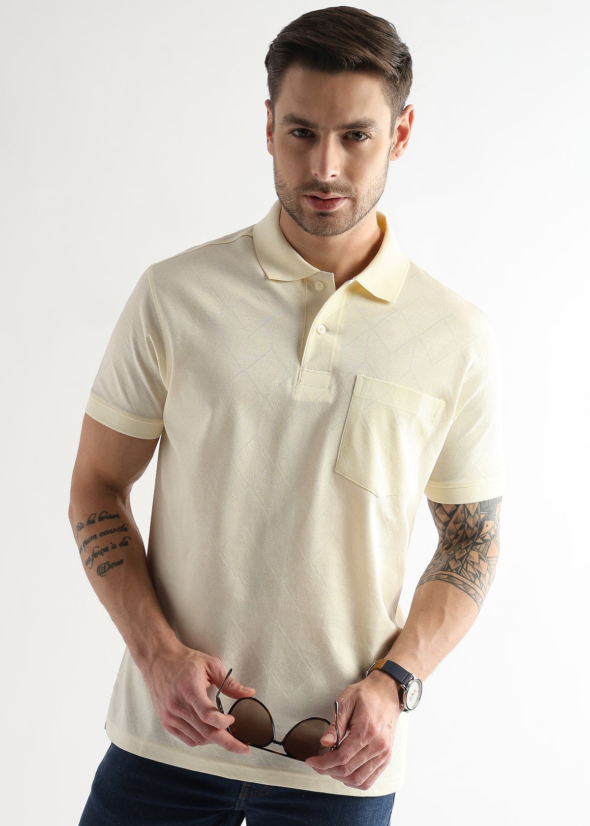 Afterglow White Cube Knit Jacquard Mercerized Polo