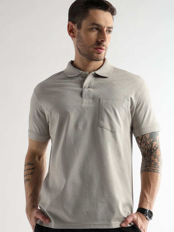 Pussywillow Gray Cube Knit Jacquard Mercerized Polo