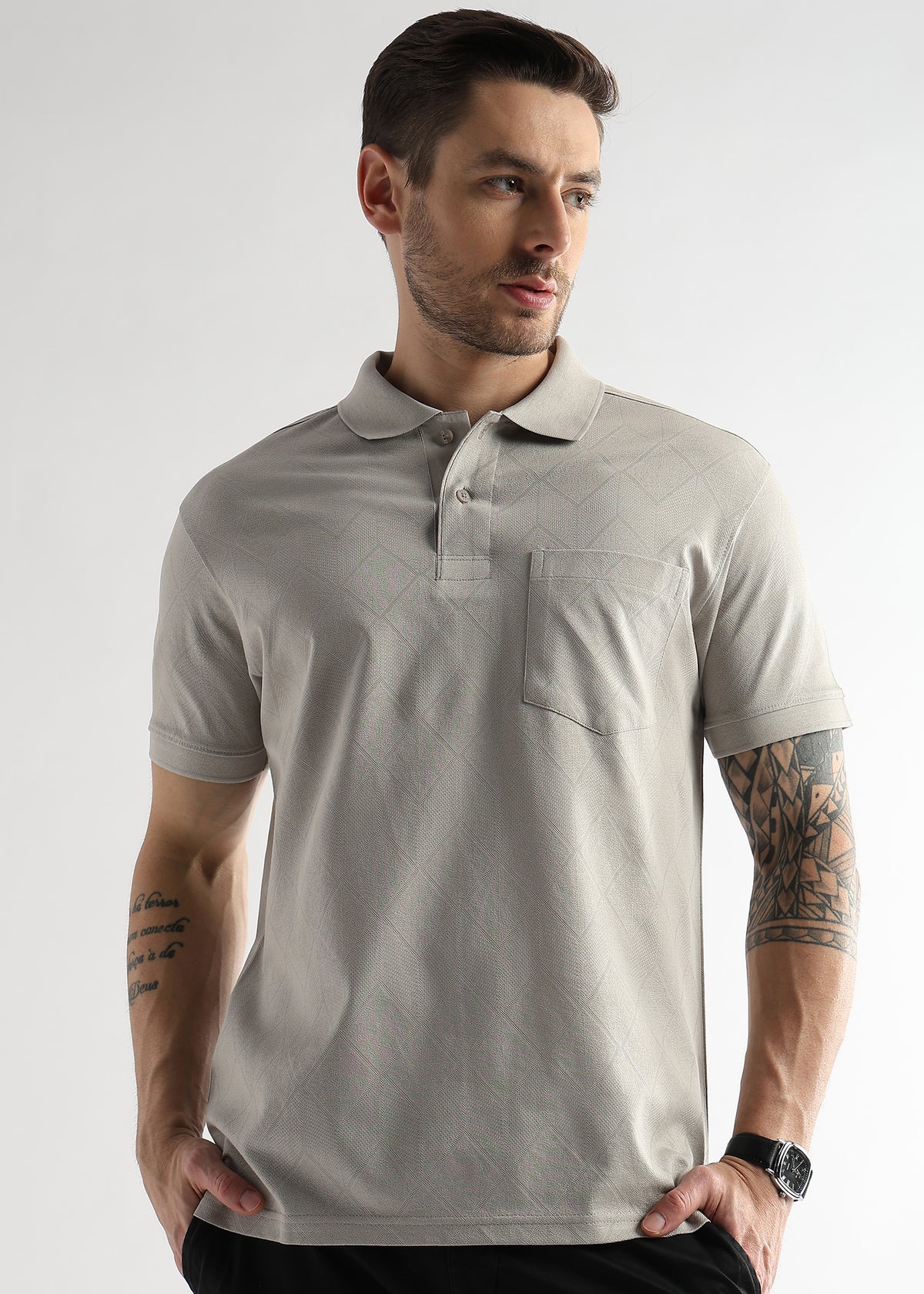 Pussywillow Gray Cube Knit Jacquard Mercerized Polo