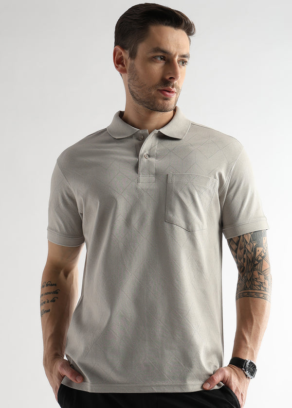 Pussywillow Gray Cube Knit Jacquard Mercerized Polo