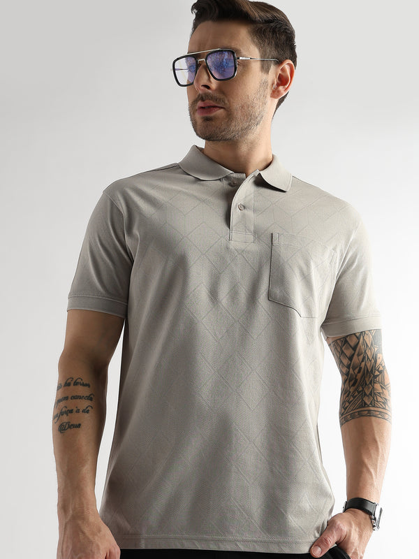 Pussywillow Gray Cube Knit Jacquard Mercerized Polo