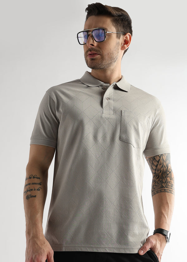 Pussywillow Gray Cube Knit Jacquard Mercerized Polo