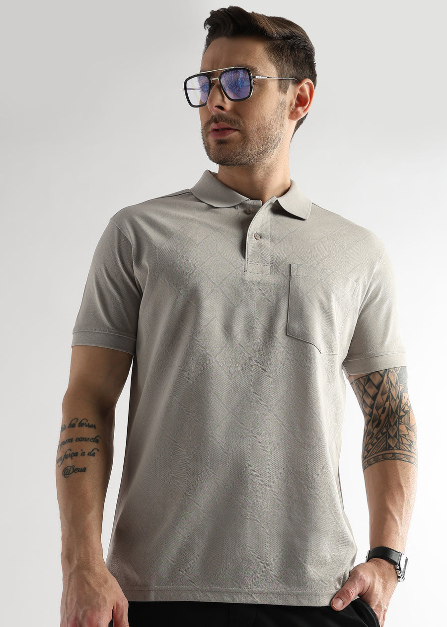 Pussywillow Gray Cube Knit Jacquard Mercerized Polo