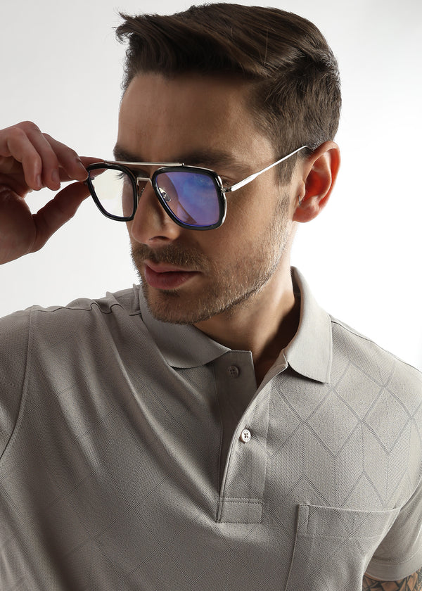 Pussywillow Gray Cube Knit Jacquard Mercerized Polo