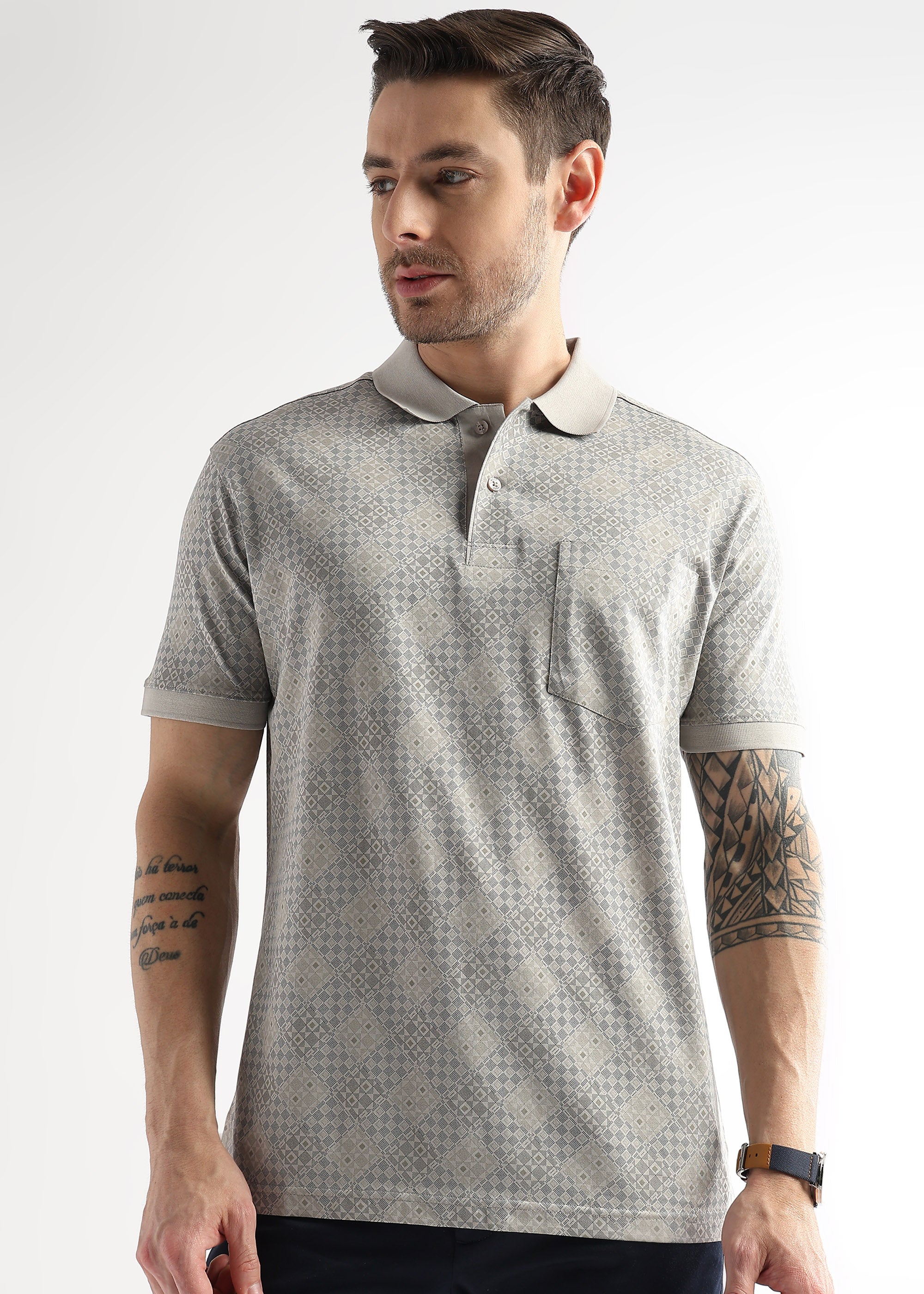 Pussywillow Gray Geometric Print Mercerized Polo