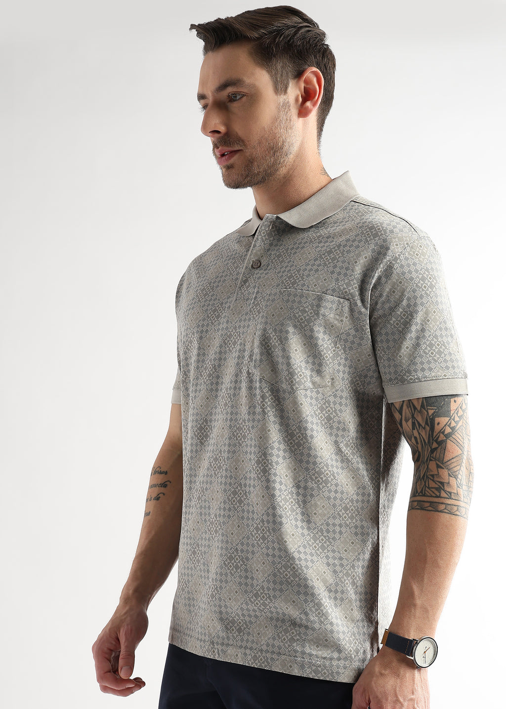 Pussywillow Gray Geometric Print Mercerized Polo