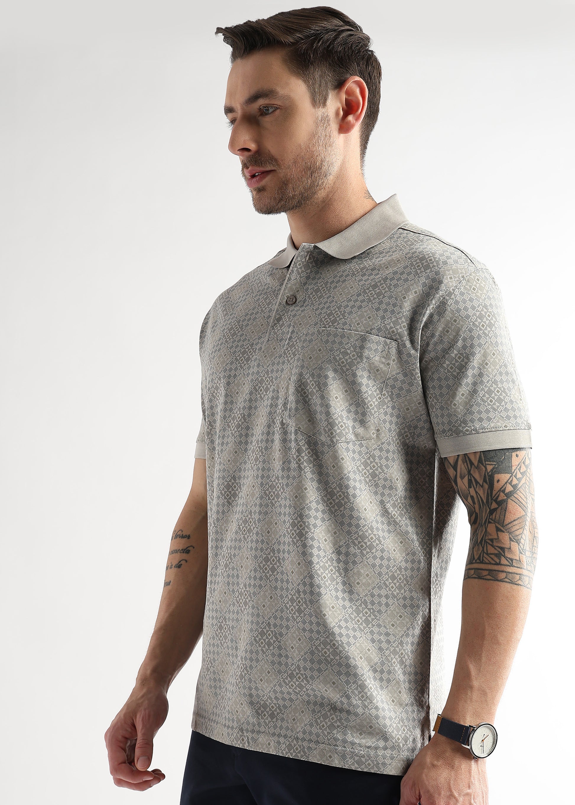 Pussywillow Gray Geometric Print Mercerized Polo