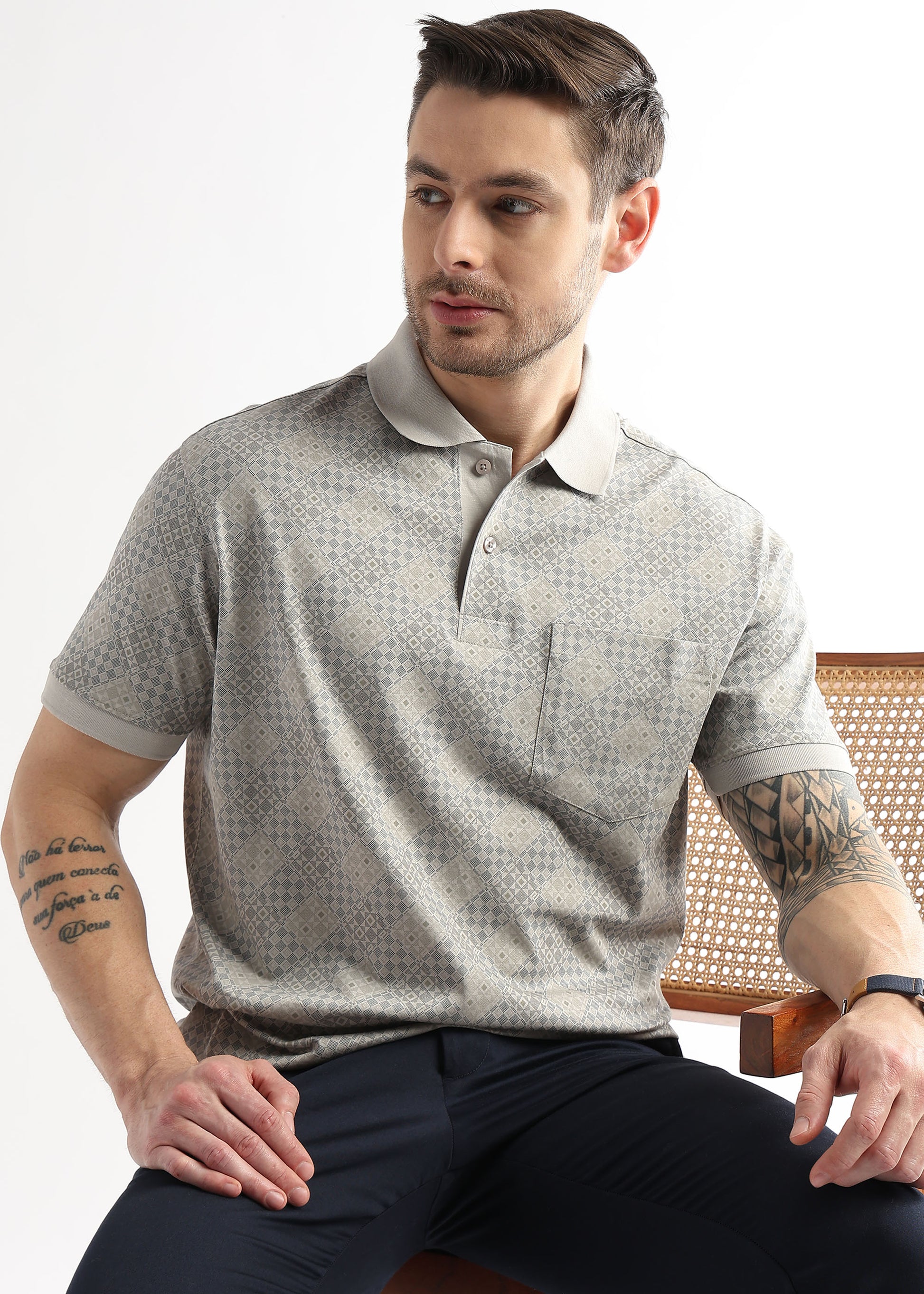 Pussywillow Gray Geometric Print Mercerized Polo