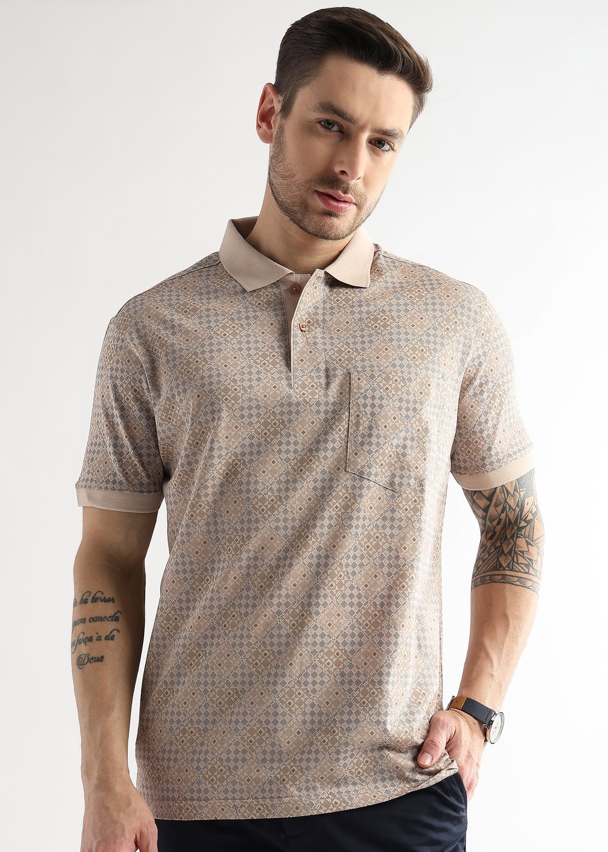 Silver Peony Geometric Print Mercerized Polo