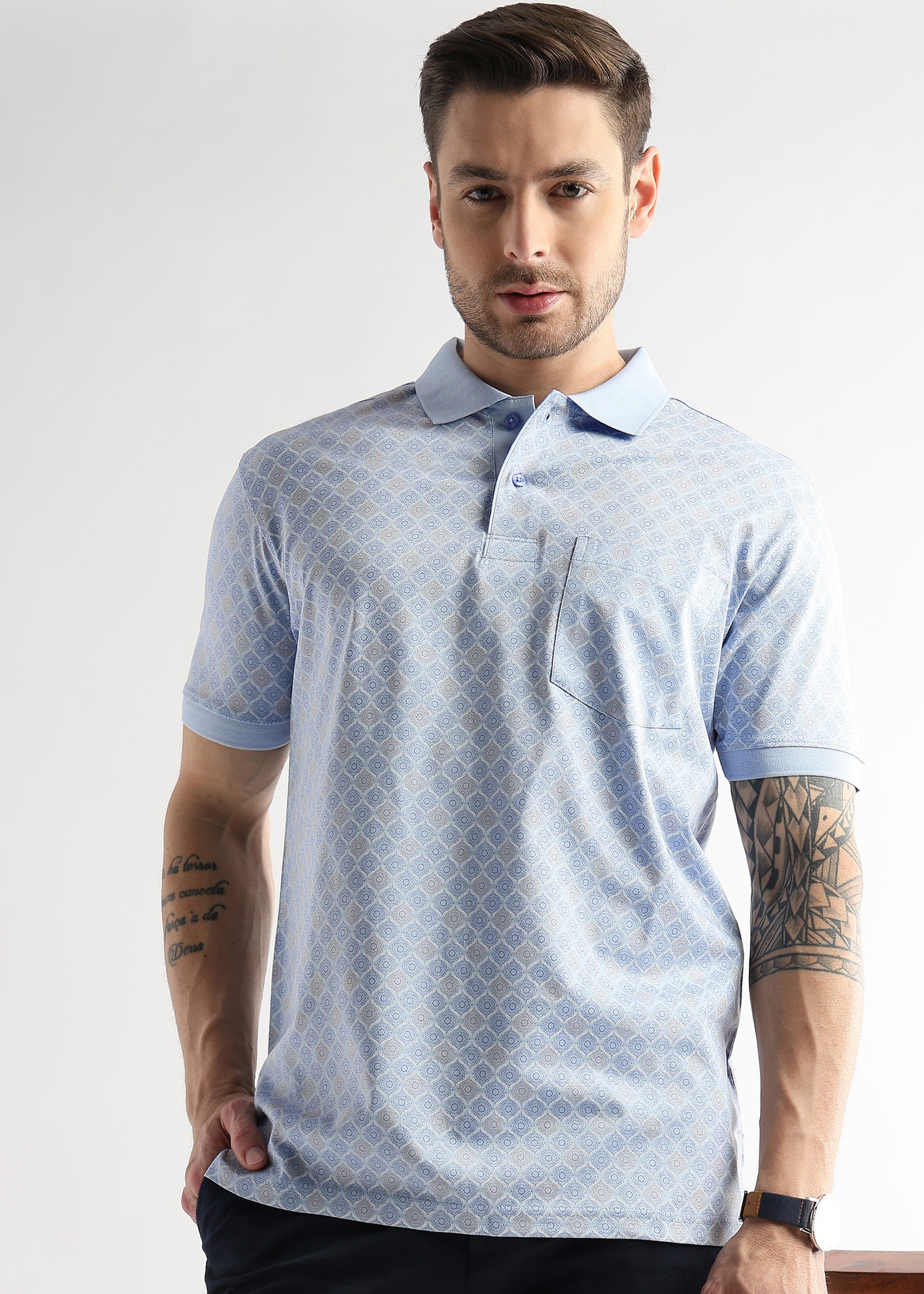 Omphalodes Blue Starburst Print Mercerized Polo