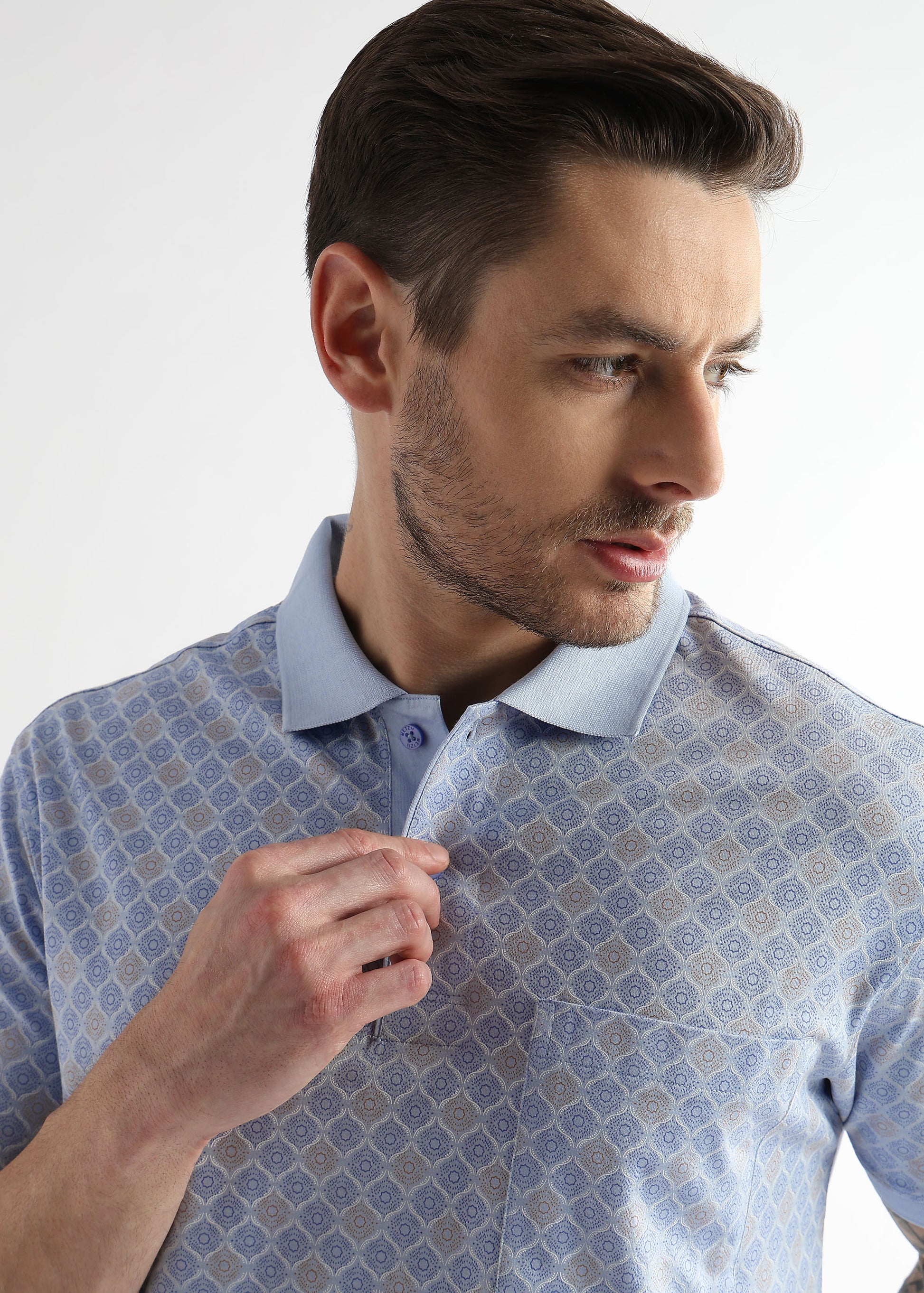 Omphalodes Blue Starburst Print Mercerized Polo
