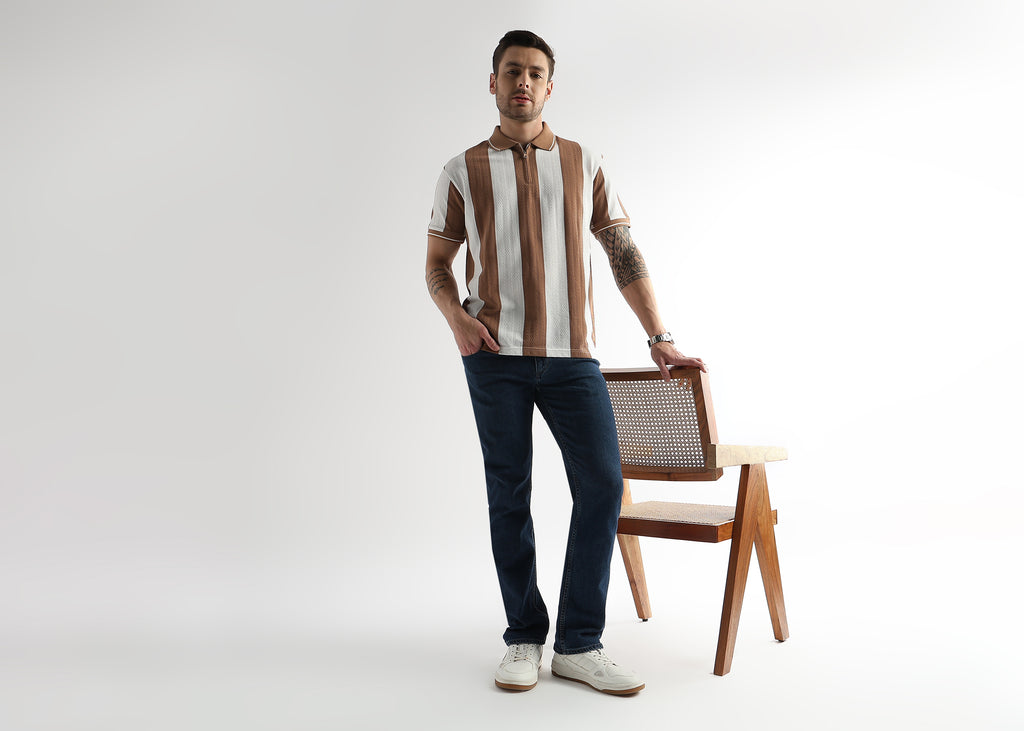 Biscuit Brown Structured Half Zip Polo