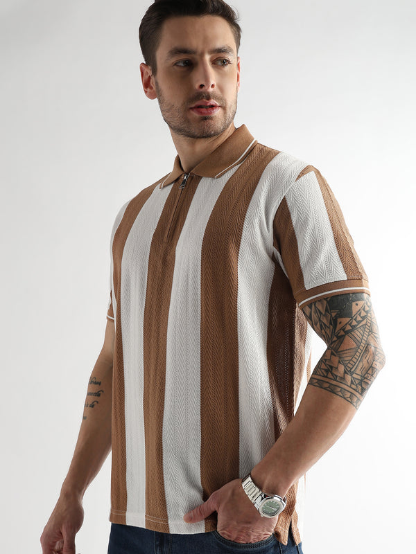 Biscuit Brown Structured Half Zip Polo