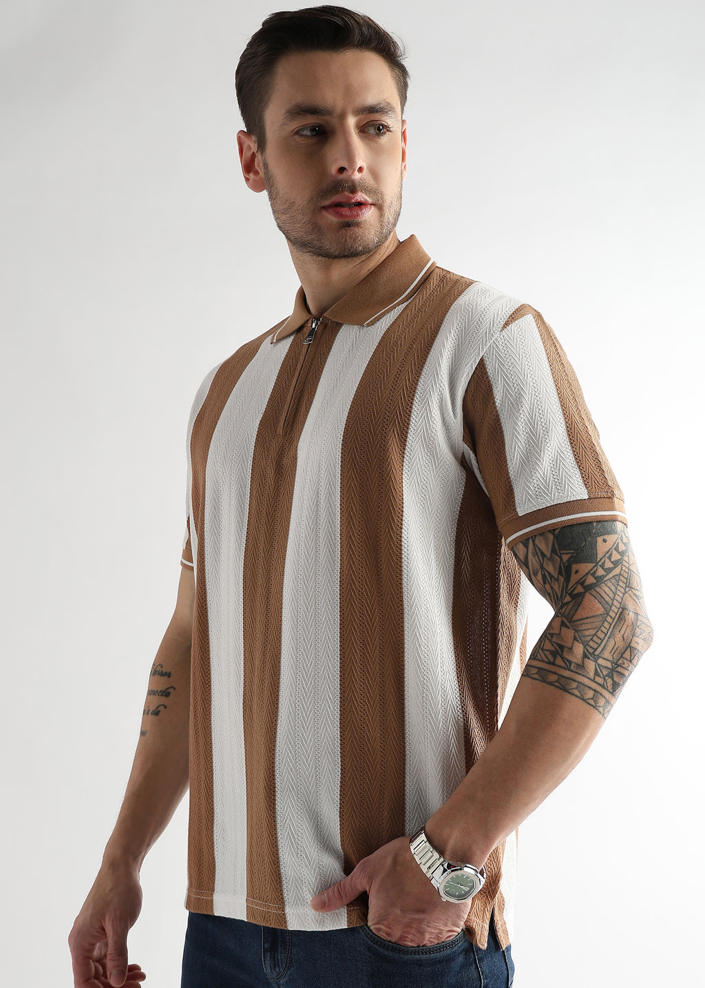 Biscuit Brown Structured Half Zip Polo