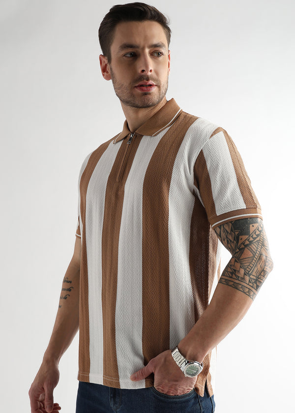 Biscuit Brown Structured Half Zip Polo